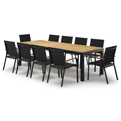 Ensemble de jardin Varese en aluminium noir avec plateau de table en teck naturel et 10 chaises de jardin empilables Amalfi