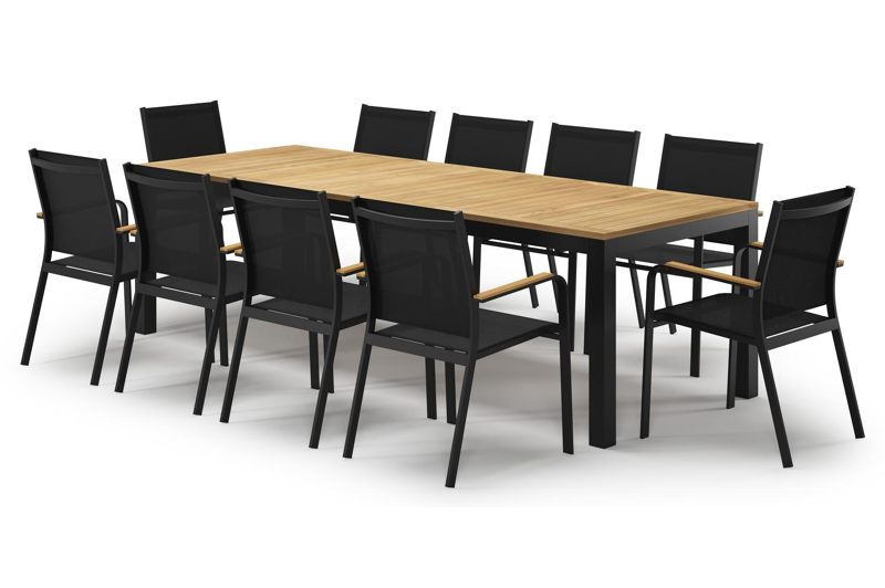 Ensemble de jardin Varese en aluminium noir avec plateau de table en teck naturel et 10 chaises de jardin empilables Amalfi