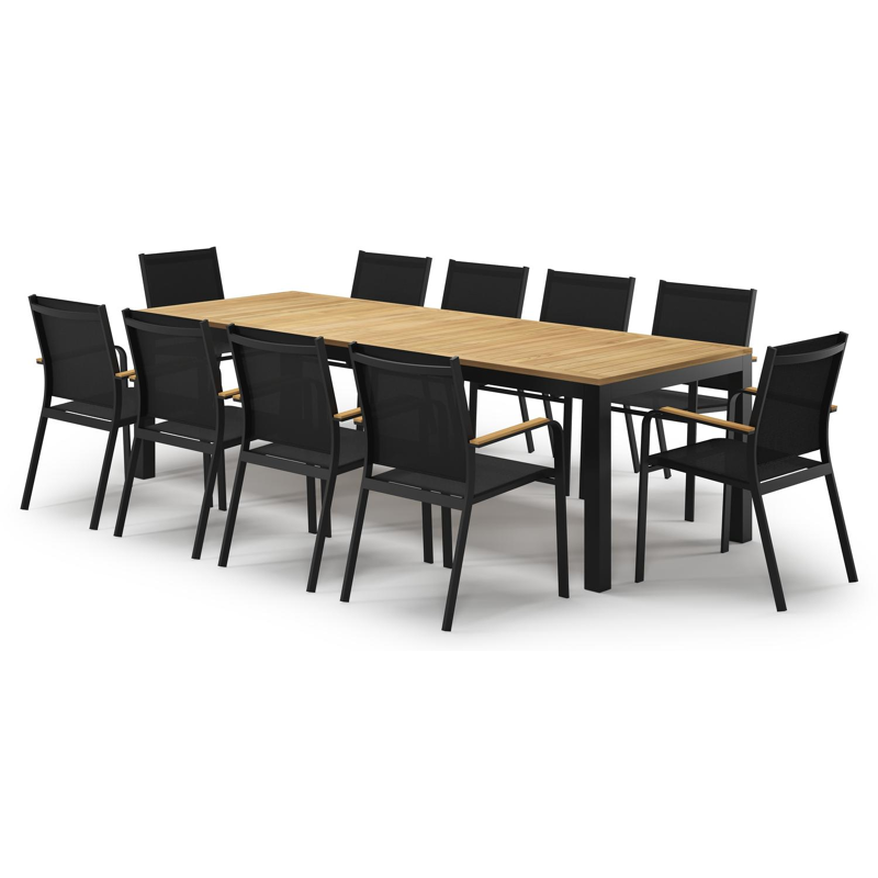 Varese tuinset in zwart aluminium en naturel teak tafelblad met 10 stapelbare Amalfi tuinstoelen