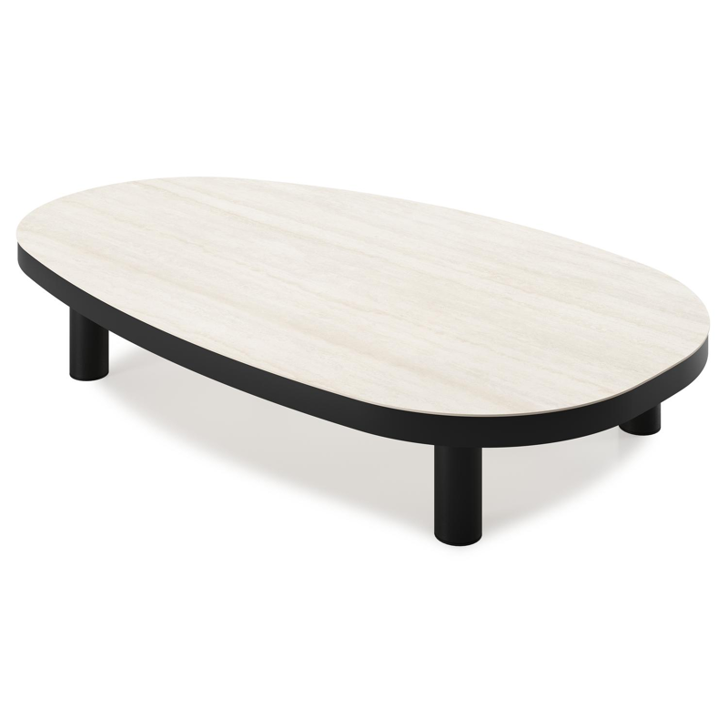 Table de basse Donato organique en aluminium noir et céramique pleine Travertino Bianco - Lg. 151 x Lrg. 90 x Haut. 25 cm
