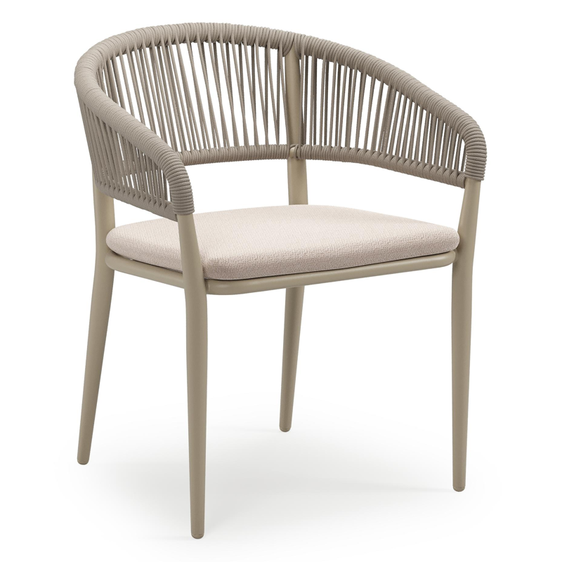 Tolfa stapelbare tuinstoel in beige aluminium en beige verticaal geweven ronde rope met stoelkussen in All Weather Sunbrella® Luxe Wander Pilat