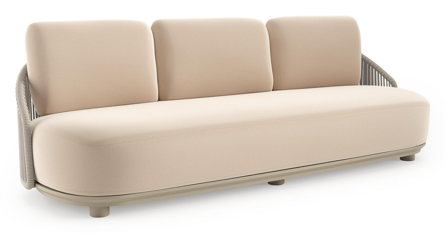 Canapé de jardin Vadelo en aluminium beige et corde ronde tissée verticalement beige et coussins en all weather sunbrella® luxe natte linen chalk