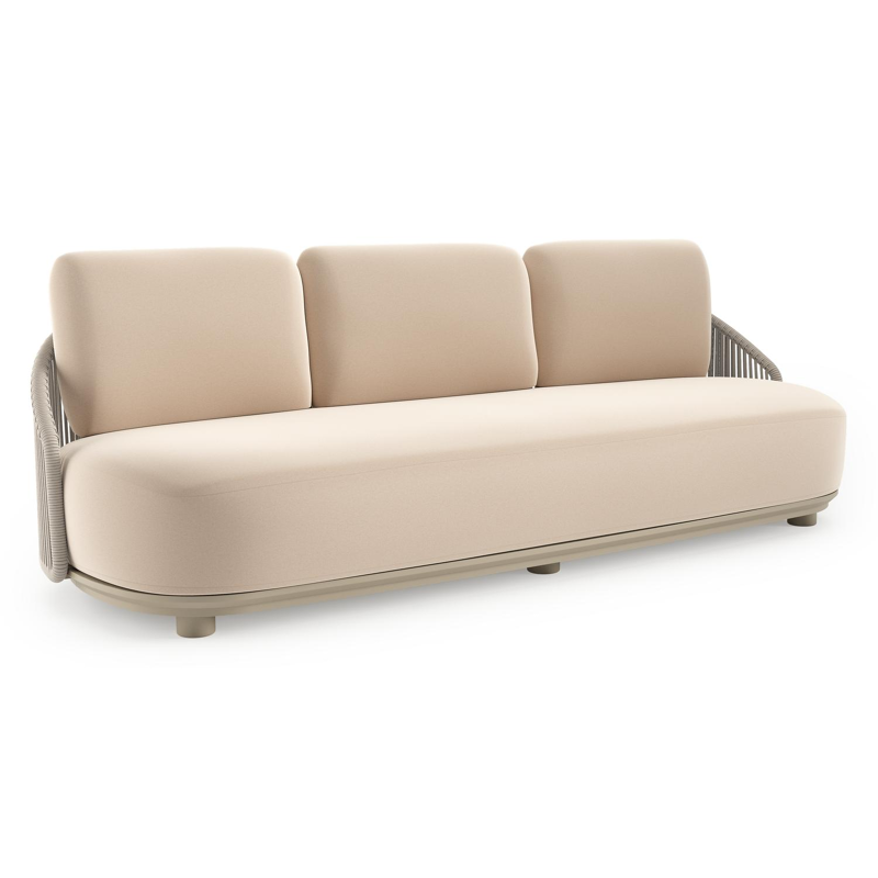 Canapé de jardin Vadelo en aluminium beige et corde ronde tissée verticalement beige et coussins en all weather sunbrella® luxe natte linen chalk