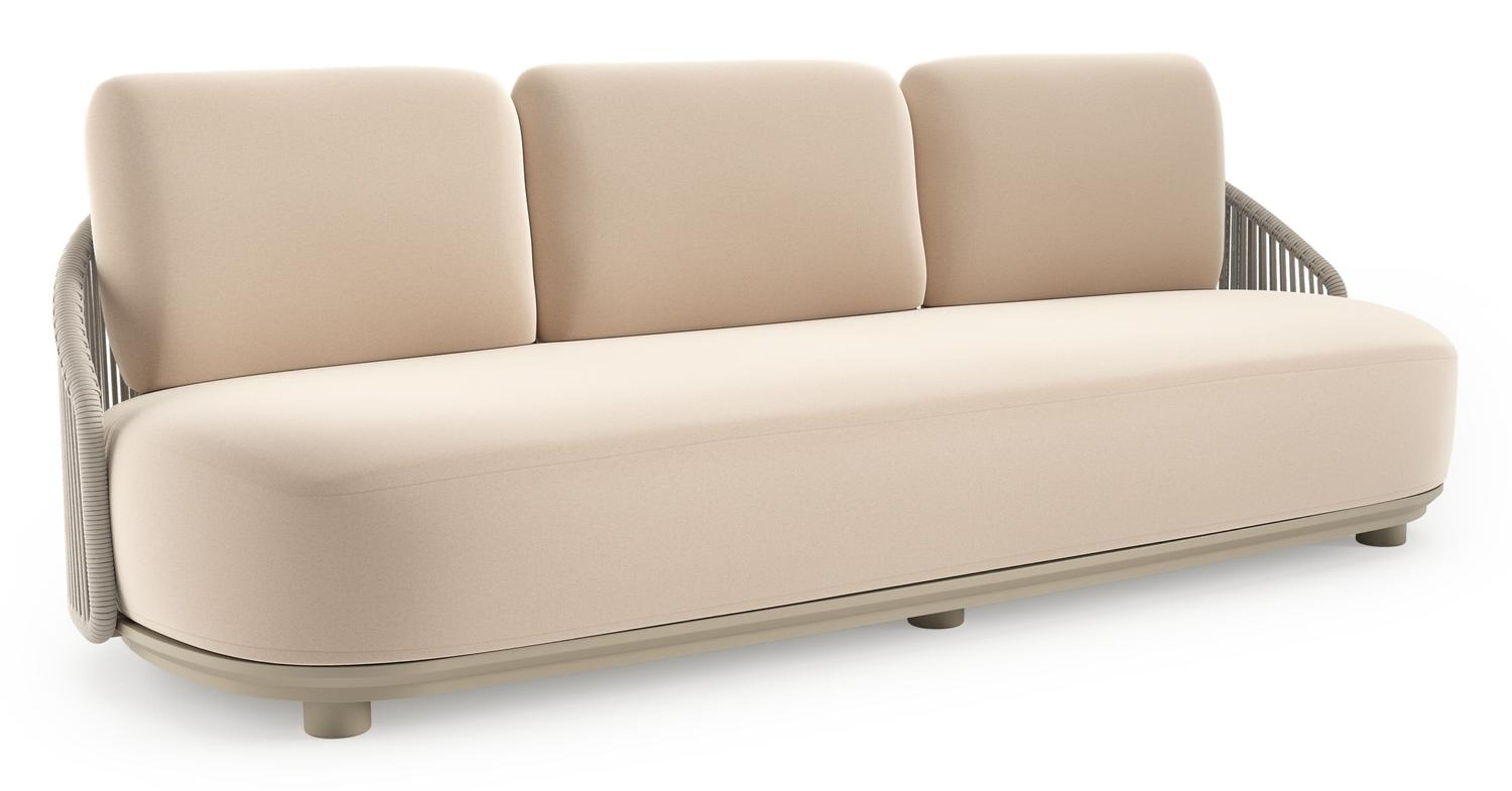 Canapé de jardin Vadelo en aluminium beige et corde ronde tissée verticalement beige et coussins en all weather sunbrella® luxe natte linen chalk