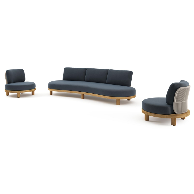 Donato loungeset in teak en beige verticaal geweven ronde rope met All Weather Sunbrella® luxe Heritage Indigo kussen