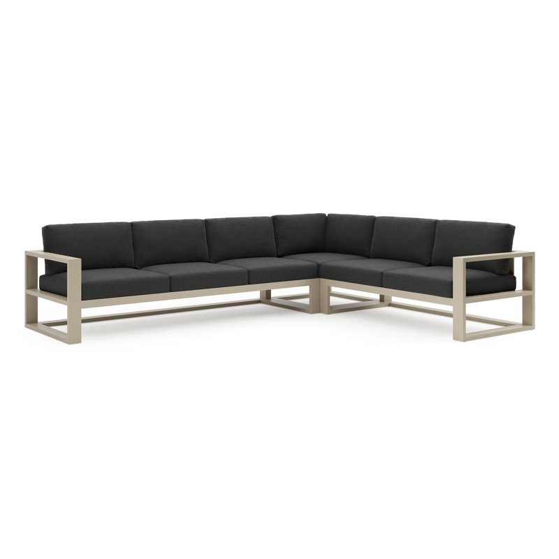 Verato loungehoek in beige aluminium met chartres sooty all weather sunbrella® luxe kussen