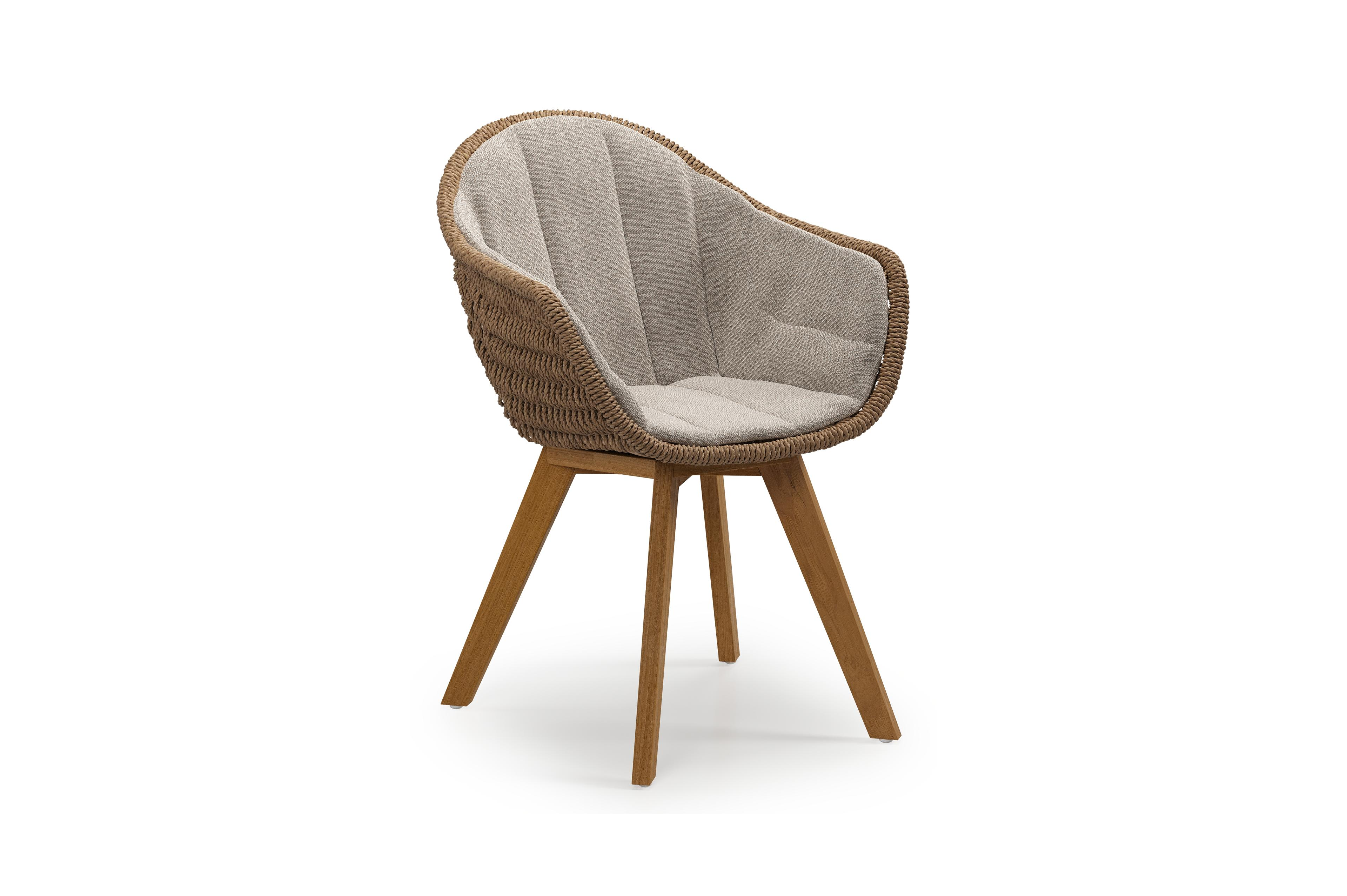 Chaise de jardin Pagino en teck naturel et résine tressée ronde brun avec coussin en All Weather Sunbrella® Luxe Savane Coconut