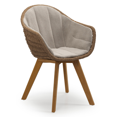 Pagino tuinstoel in teak en bruin ronde wicker met zitkussen in All Weather Sunbrella® Luxe Savane Coconut