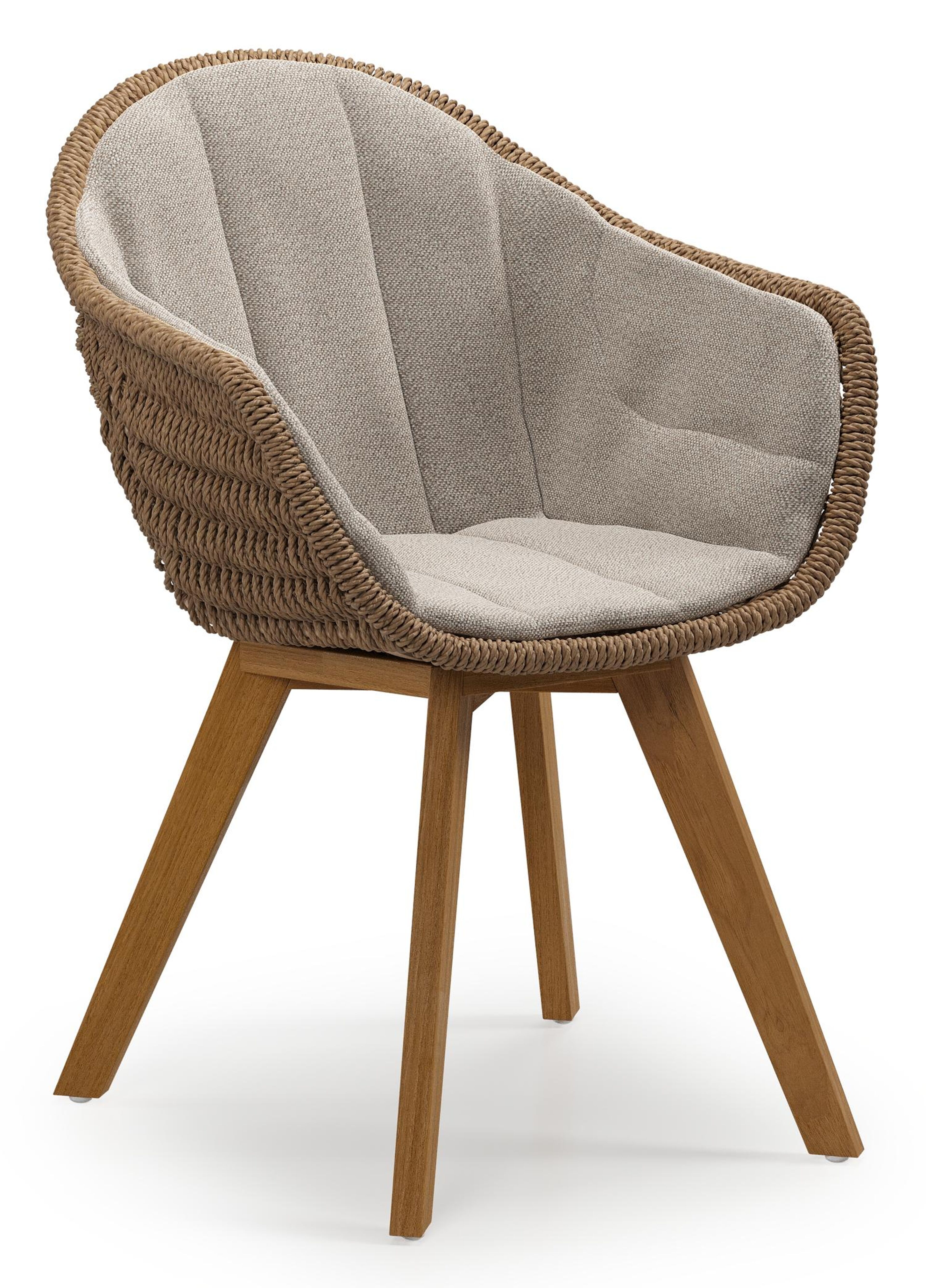 Pagino tuinstoel in teak en bruin ronde wicker met zitkussen in All Weather Sunbrella® Luxe Savane Coconut