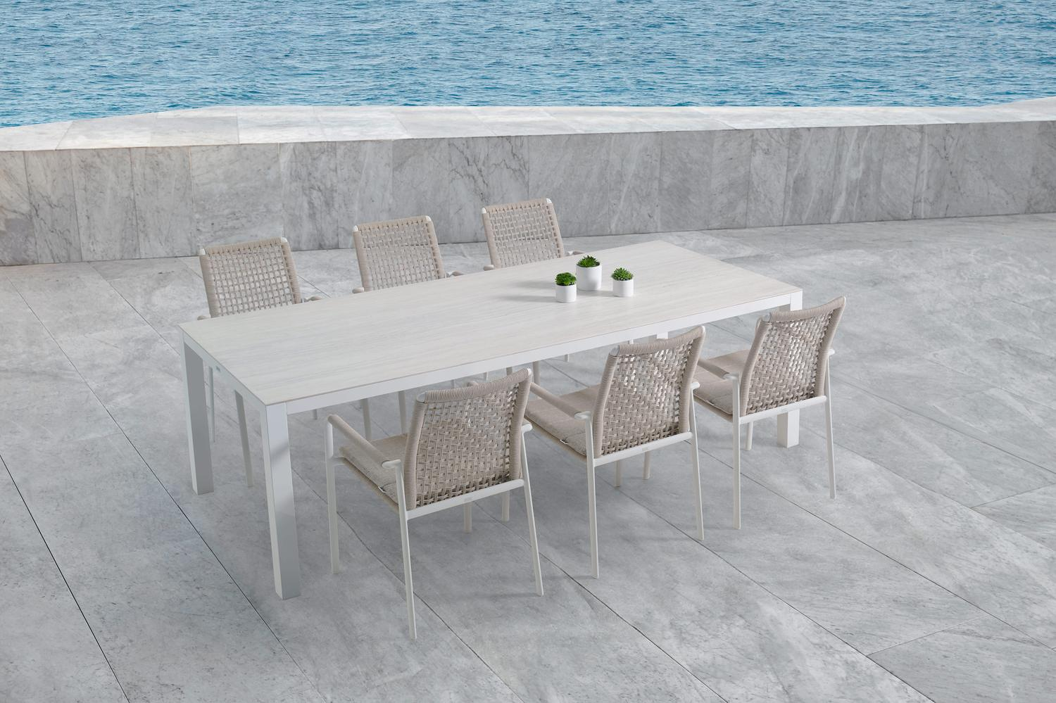 Chaise de jardin Como en aluminium blanc et corde ronde tissée carrée beige