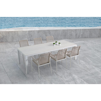 Como tuinstoel in wit aluminium en beige vierkant geweven ronde rope