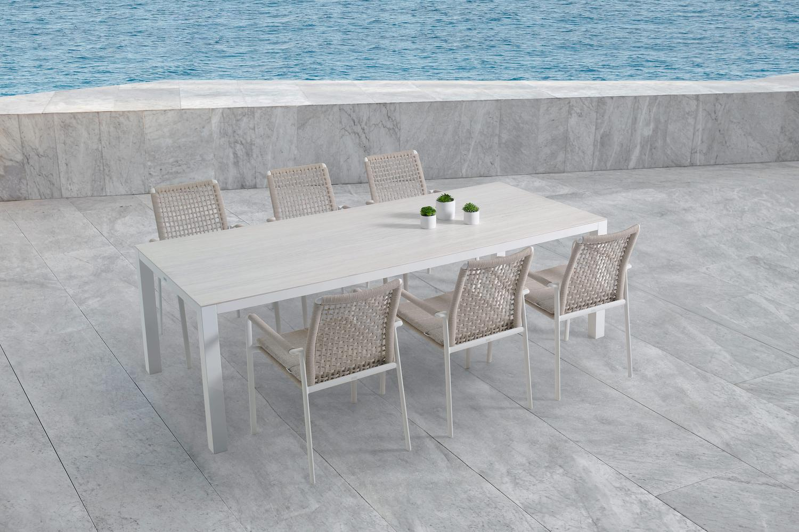 Como tuinstoel in wit aluminium en beige vierkant geweven ronde rope