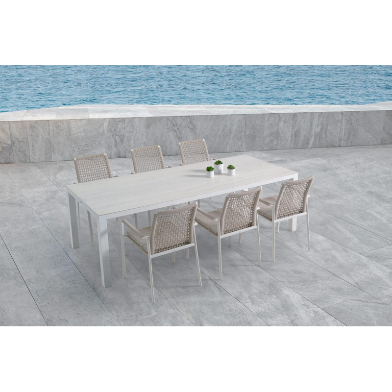 Como tuinstoel in wit aluminium en beige vierkant geweven ronde rope