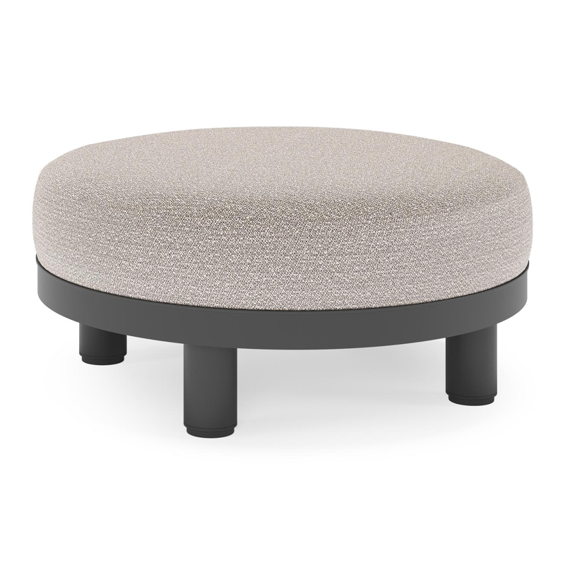 Salon de jardin pouf Donato en aluminium noir et coussins en all Weather Sunbrella® Luxe Wander Granite
