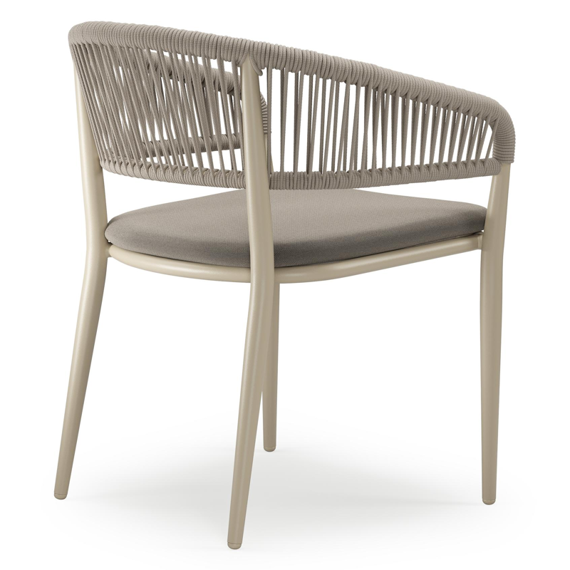 Tolfa stapelbare tuinstoel in beige aluminium en beige verticaal geweven ronde rope met stoelkussen in All Weather Sunbrella® Luxe Natte Carbon Beige