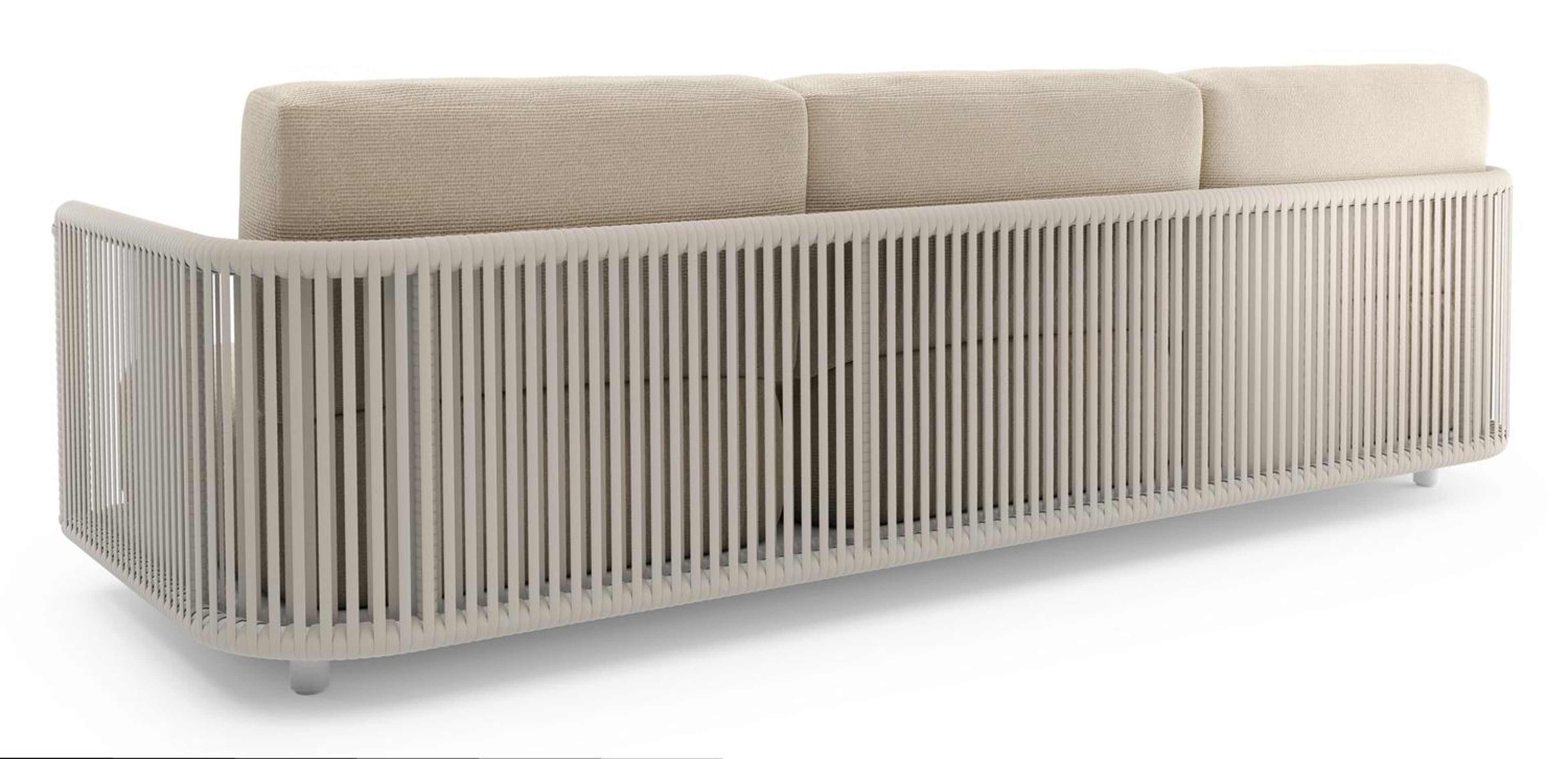 Salon de jardin Organo en aluminium blanc et corde luxe plate tissée verticalement beige et coussin en all weather Cosytica althea chalk