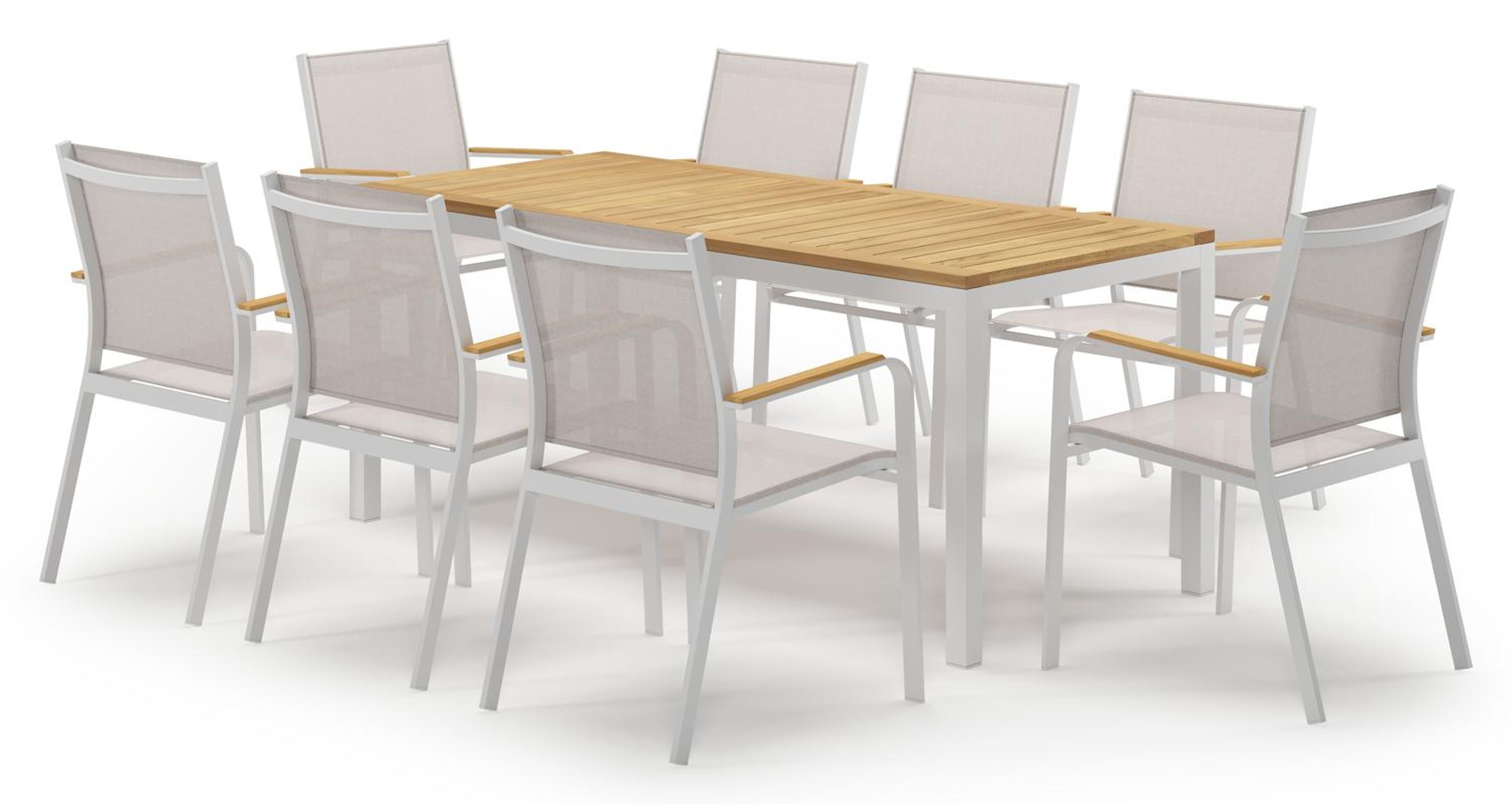 Ensemble de jardin Feltro en aluminium blanc et teck avec 8 chaises de jardin empilable Amalfi
