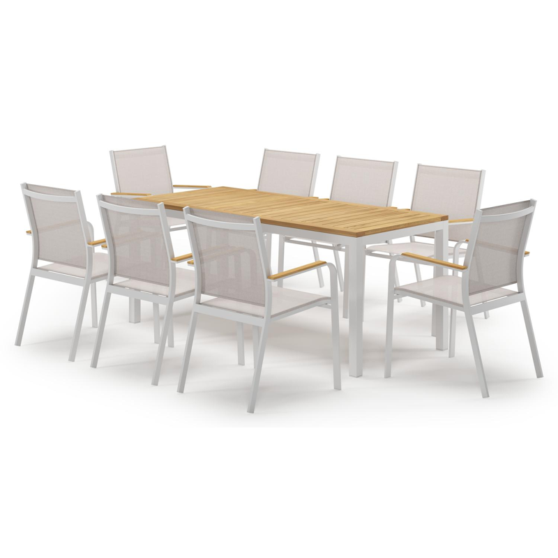 Ensemble de jardin Feltro en aluminium blanc et teck avec 8 chaises de jardin empilable Amalfi