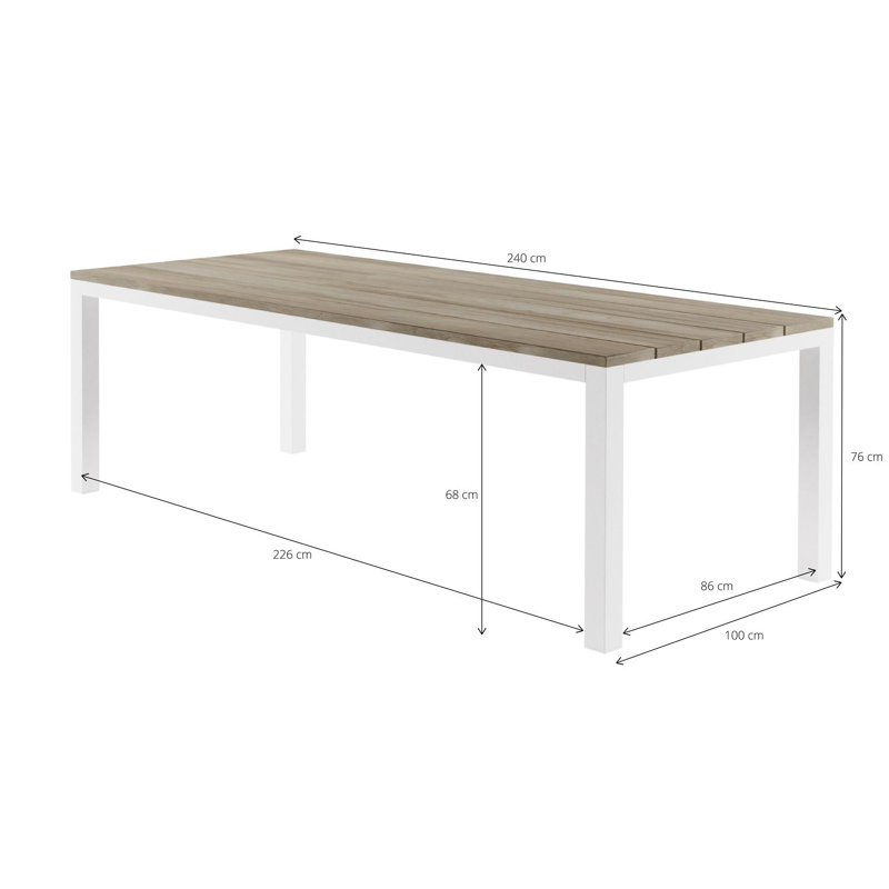 Como tuintafel in wit aluminium met tafelblad in teak - L 240 x B 100 cm