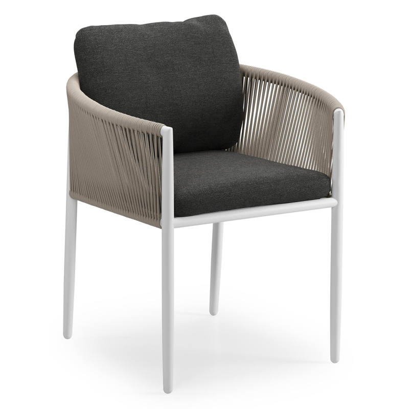 Organo tuinstoel in beige aluminium en beige verticaal geweven ronde rope met stoelkussen in All Weather Sunbrella® Luxe Chartres Sooty