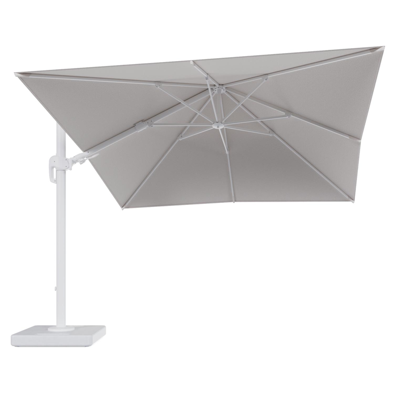 Parasol pendant Rufina avec fonction tilt en aluminium blanc et toile de parasol en All Weather Solica Ego Eggshell - Lg.1 300 x Lg.2 300 cm avec pied de parasol Lapido 160 kg