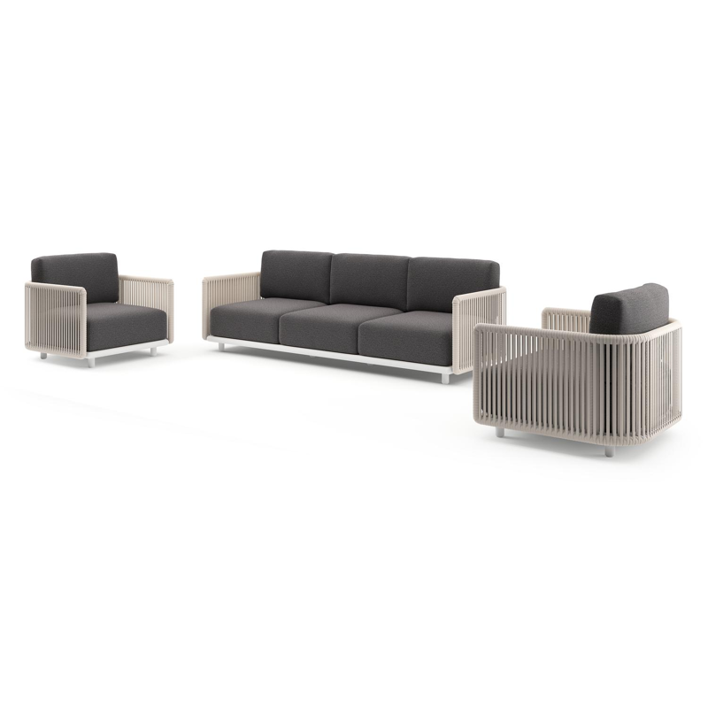 Organo loungeset in wit aluminium en beige verticaal geweven luxe vlakke rope met firenze tunder all weather Solica kussen