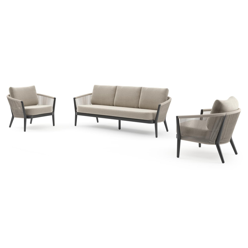 Orso loungeset in zwart aluminium en beige verticaal geweven ronde rope met Catania Greige all weather cosytica kussen
