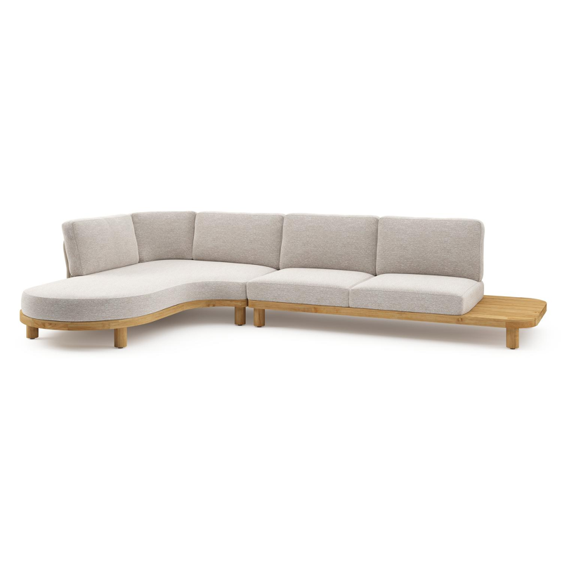 Salon de jardin d'angle Donato en teck et corde ronde tissée verticalement beige et coussins en all weather sunbrella® luxe Tundra Sand
