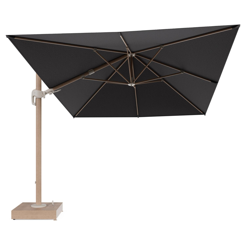 Rufina zweefparasol met tiltfunctie in houtlook aluminium en Firenze Tunder All Weather Solica parasoldoek - L1 400 x L2 300 cm met parasolvoet Minore 150 kg met wielen