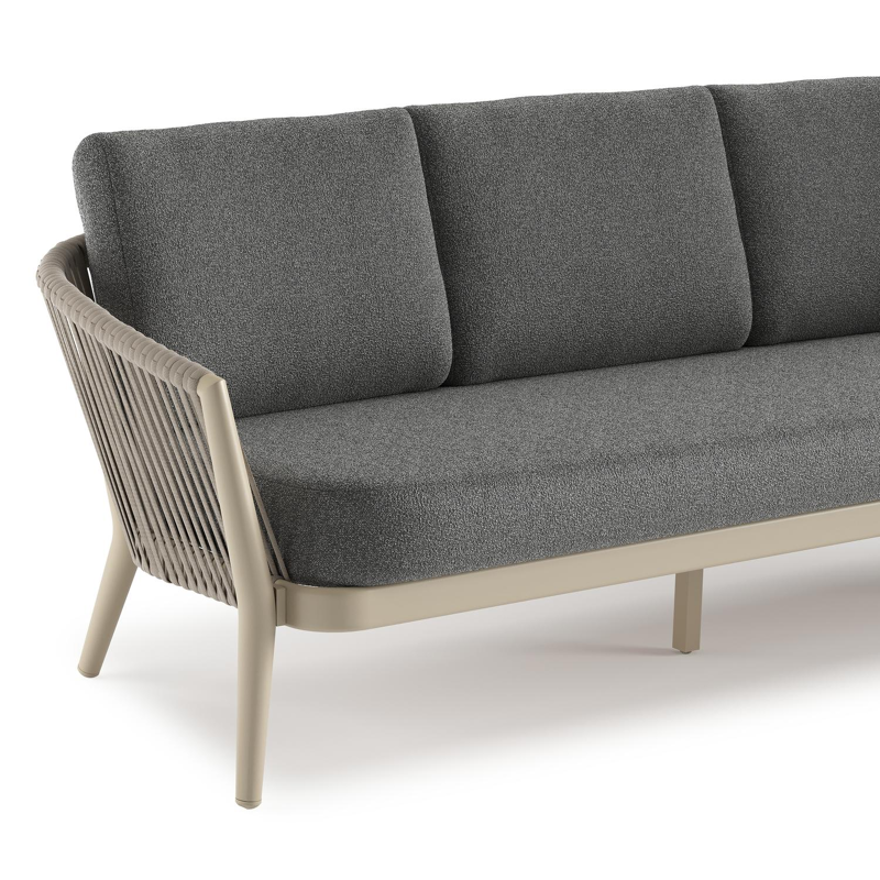 Canapé de jardin Orso en aluminium beige en corde luxe plate tissée verticalement beige et coussins en all weather cosytica Catania Black