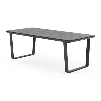 Alora tuinset in zwart aluminium en grijs keramische print tafelblad met 8 stapelbare Oviedo tuinstoelen