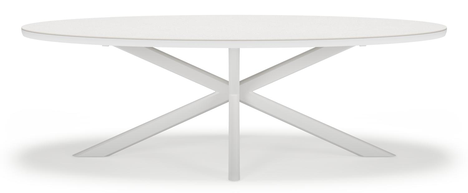 Pamplona ovale tuinset in wit aluminium en sintered stone topo minerale met 8 Amalfi tuinstoelen