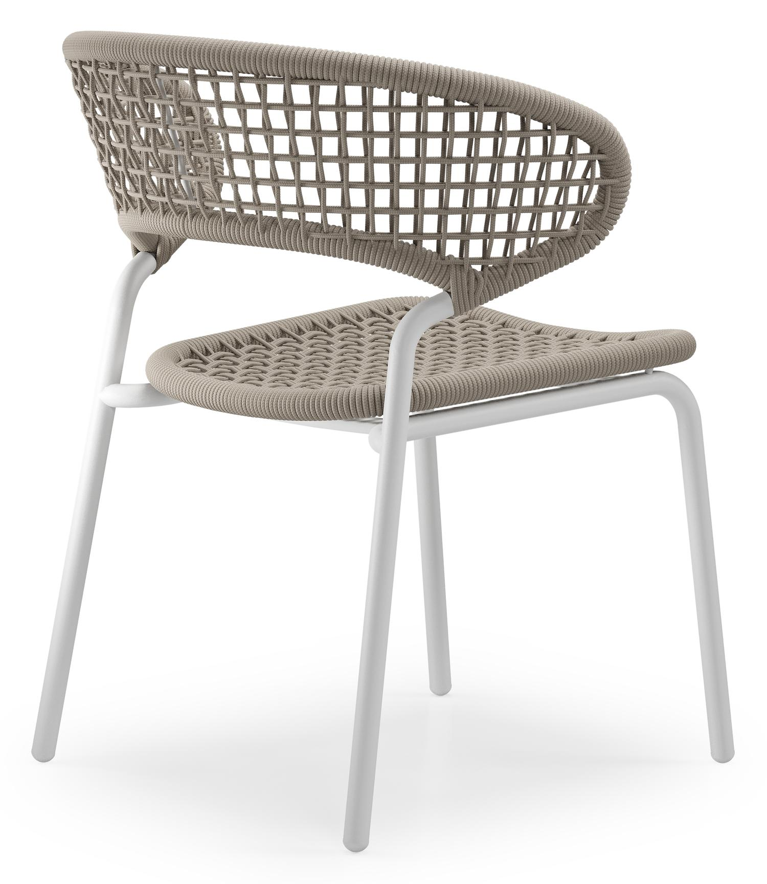 Chaise de jardin XL Donato en aluminium blanc et corde ronde tissée carrée beige