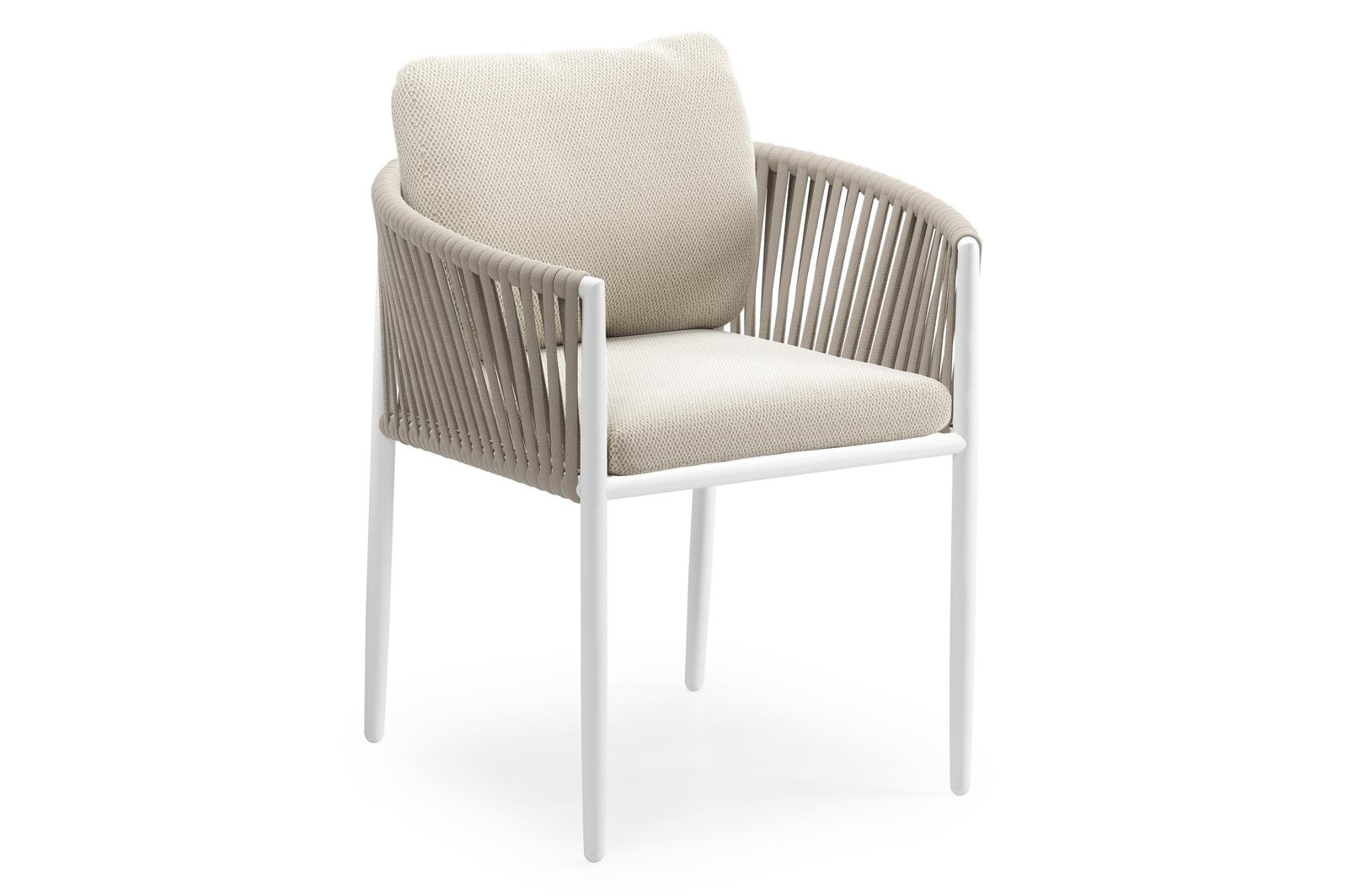 Chaise de jardin Organo en aluminium blanc et corde luxe plate tissée verticalement beige avec coussin en lopi marble all weather sunbrella® luxe