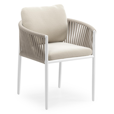 Chaise de jardin Organo en aluminium blanc et corde luxe plate tissée verticalement beige avec coussin en lopi marble all weather sunbrella® luxe