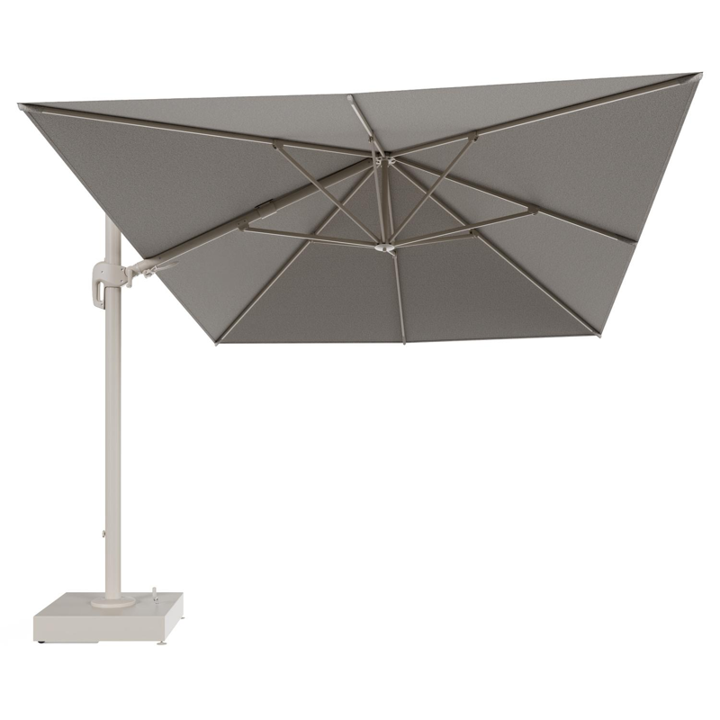 Rufina zweefparasol met tiltfunctie in beige aluminium en Firenze Sand All Weather Solica parasoldoek - L1 400 x L2 300 cm met parasolvoet Minore 150 kg met wielen