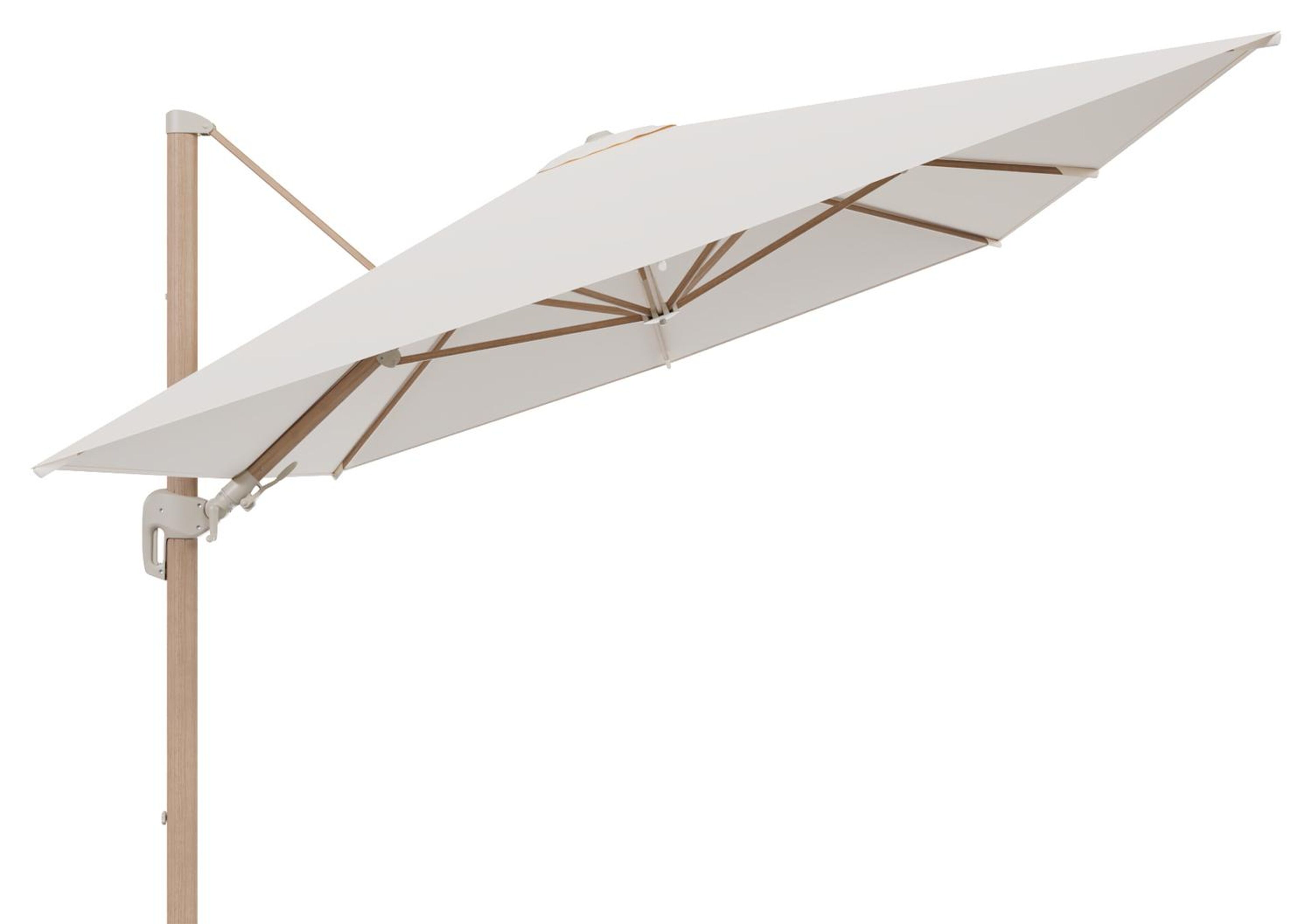 Rufina zweefparasol tiltfunctie in houtlook aluminium en parasoldoek in All Weather Sunbrella® Luxe Natte Linen Chalk  - L1 400 x L2 300 cm (zonder voet) (zonder voet)