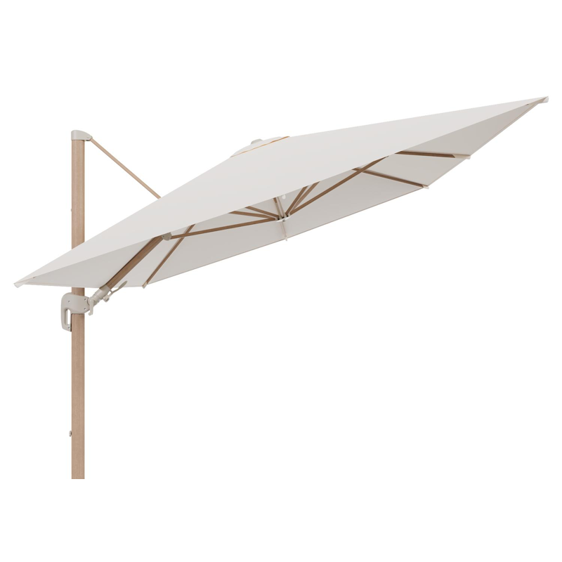 Rufina zweefparasol tiltfunctie in houtlook aluminium en parasoldoek in All Weather Sunbrella® Luxe Natte Linen Chalk - L1 400 x L2 300 cm (zonder voet) (zonder voet)