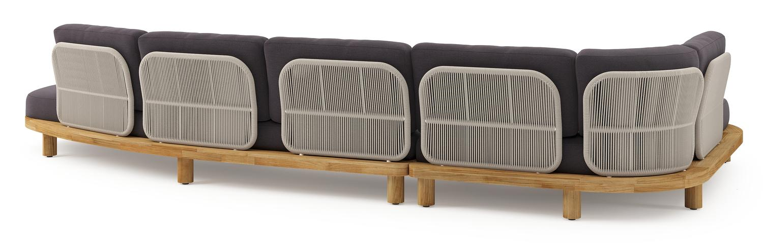 Donato loungehoek in teak en beige verticaal geweven ronde rope met all weather sunbrella® luxe Tundra Red kussen