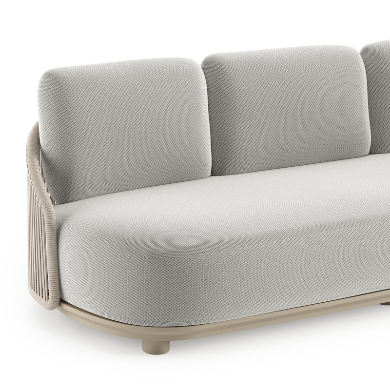 Vadelo loungebank in beige aluminium en beige verticaal geweven ronde rope met lopi ash all weather sunbrella® luxe kussen