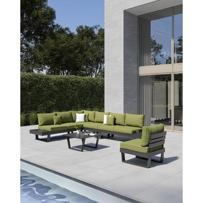 Alora loungehoek in zwart aluminium met groen polyester kussens en loungetafel
