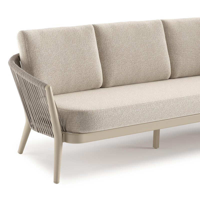 Orso loungebank in beige aluminium en beige verticaal geweven luxe vlakke rope met Marbella Ecru all weather cosytica kussen