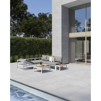 Caldela loungehoek in wit aluminium en polywood met grijs polyester kussen en loungetafel