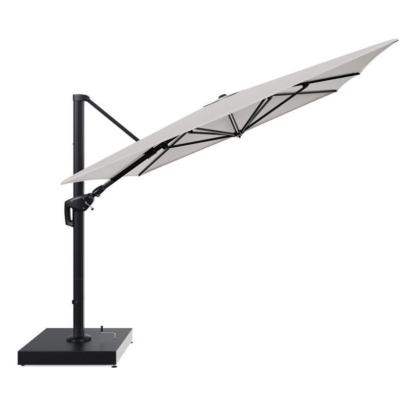 Minore zweefparasol met tiltfunctie in zwart aluminium en Tundra Sand All Weather Sunbrella® Luxe parasoldoek - L1 400 x L2 300 cm met parasolvoet Minore 260 kg met wielen