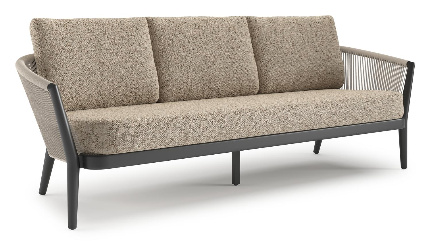 Orso loungebank in zwart aluminium en beige verticaal geweven ronde rope met Bora Jungle all weather cosytica kussen