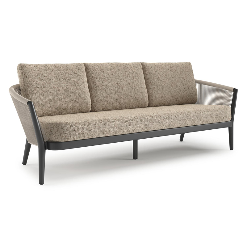 Orso loungebank in zwart aluminium en beige verticaal geweven ronde rope met Bora Jungle all weather cosytica kussen