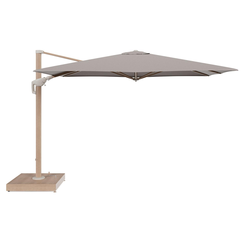 Minore zweefparasol met tiltfunctie in houtlook aluminium en Lopi Pepper All Weather Sunbrella® Luxe parasoldoek - L1 280 x L2 370 cm met parasolvoet Minore 260 kg met wielen