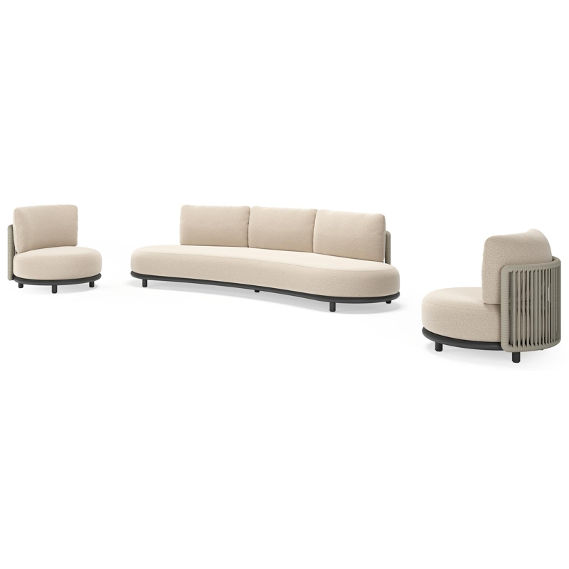 Lomano loungeset in zwart aluminium en beige verticaal geweven luxe vlakke rope met Lopi Sand all weather sunbrella® luxe