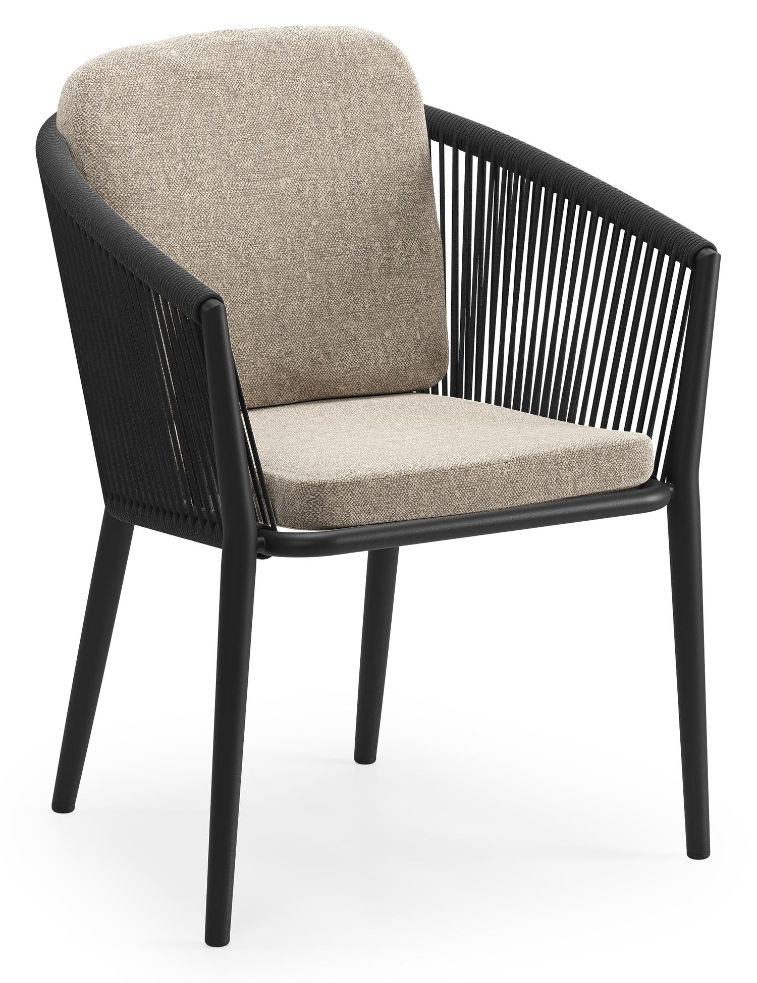 Chaise de jardin Orso en aluminium noir et corde ronde tissée verticalement noir avec coussin luxe en All Weather Sunbrella® Luxe Chartres Pewter