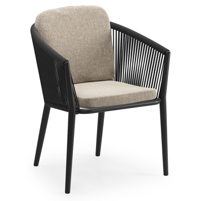 Orso tuinstoel in zwart aluminium en zwart verticaal geweven ronde rope met luxe zitkussen in All Weather Sunbrella® Luxe Chartres Pewter